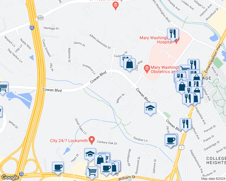 map of restaurants, bars, coffee shops, grocery stores, and more near 2528 Carriage Lane in Fredericksburg