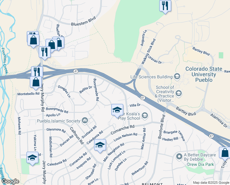 map of restaurants, bars, coffee shops, grocery stores, and more near 6 Knightsbridge Place in Pueblo