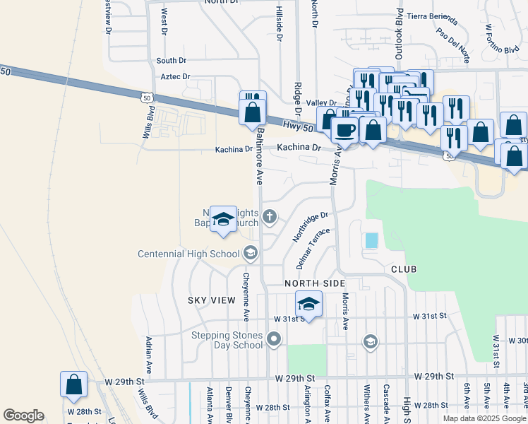 map of restaurants, bars, coffee shops, grocery stores, and more near 3405 Baltimore Avenue in Pueblo