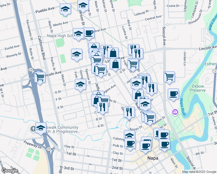 map of restaurants, bars, coffee shops, grocery stores, and more near 1200 Legion Avenue in Napa