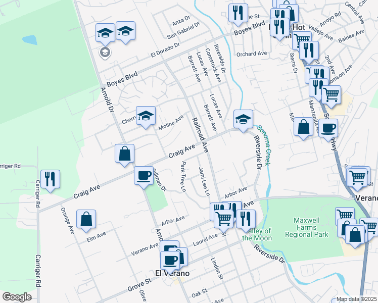 map of restaurants, bars, coffee shops, grocery stores, and more near 18754 Park Tree Lane in Sonoma