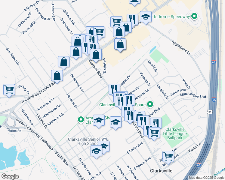 map of restaurants, bars, coffee shops, grocery stores, and more near 1195-1137 Eastern Boulevard in Clarksville