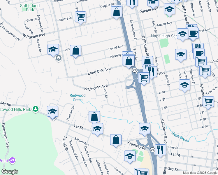 map of restaurants, bars, coffee shops, grocery stores, and more near 2071 West Lincoln Avenue in Napa