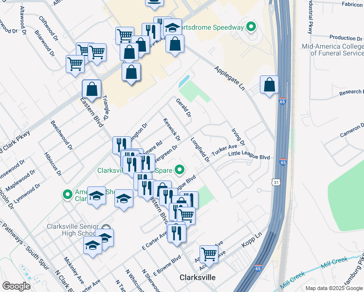 map of restaurants, bars, coffee shops, grocery stores, and more near 514 Evergreen Drive in Clarksville