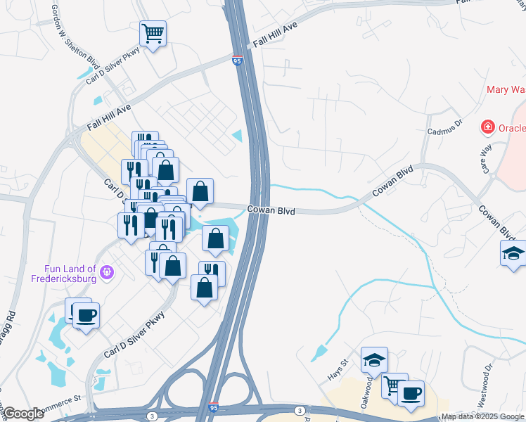 map of restaurants, bars, coffee shops, grocery stores, and more near Interstate 95 in Fredericksburg