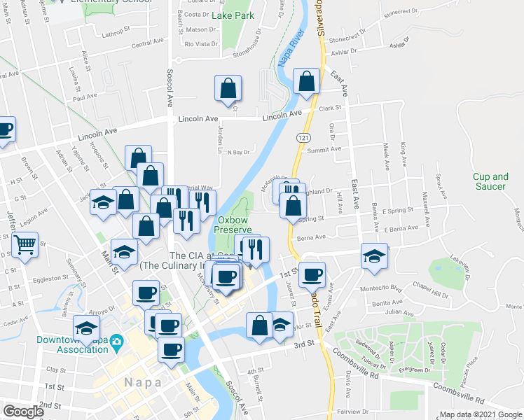 map of restaurants, bars, coffee shops, grocery stores, and more near 1031 McKenzie Drive in Napa