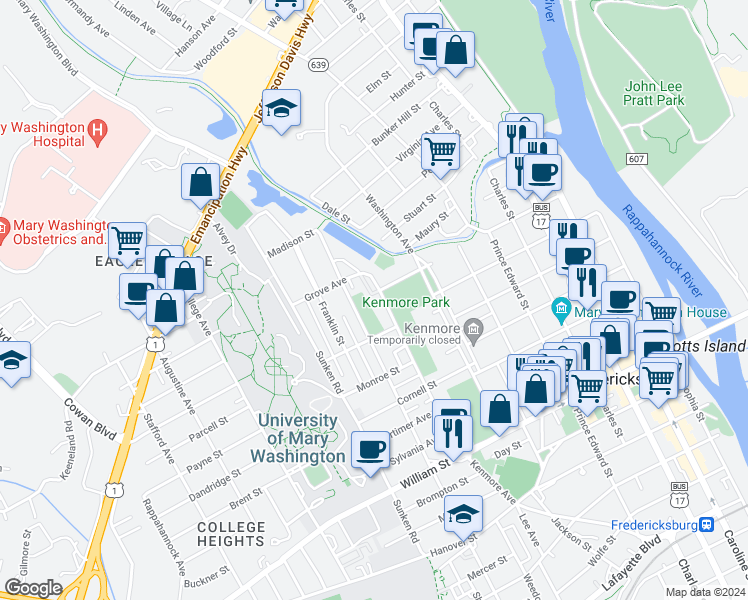 map of restaurants, bars, coffee shops, grocery stores, and more near 1418 Kenmore Avenue in Fredericksburg