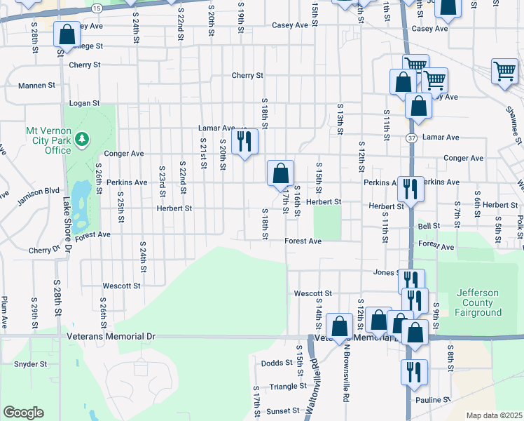 map of restaurants, bars, coffee shops, grocery stores, and more near 1303 South 18th Street in Mount Vernon