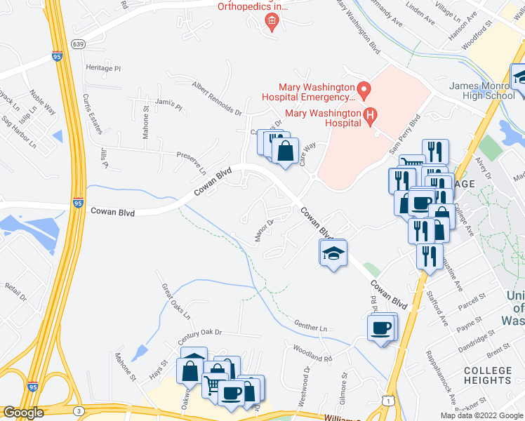 map of restaurants, bars, coffee shops, grocery stores, and more near 2520 Belmont Terrace in Fredericksburg