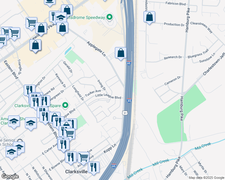 map of restaurants, bars, coffee shops, grocery stores, and more near 790 Irving Drive in Clarksville