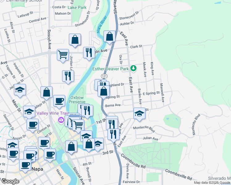 map of restaurants, bars, coffee shops, grocery stores, and more near 90 Spring Street in Napa