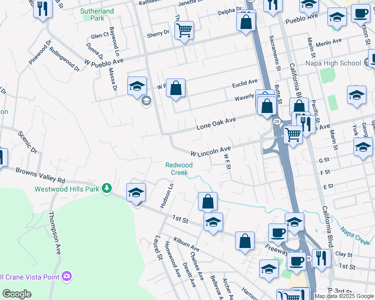 map of restaurants, bars, coffee shops, grocery stores, and more near 2145 West Lincoln Avenue in Napa