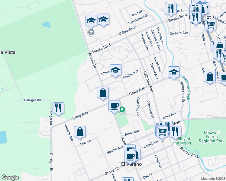 map of restaurants, bars, coffee shops, grocery stores, and more near 888 Country Meadow Lane in Sonoma