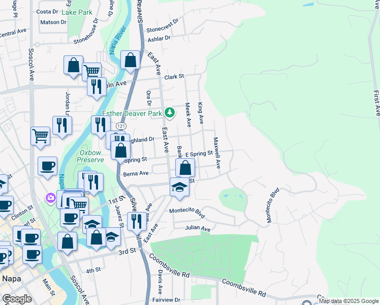 map of restaurants, bars, coffee shops, grocery stores, and more near 214 East Spring Street in Napa
