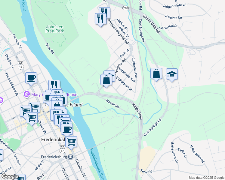 map of restaurants, bars, coffee shops, grocery stores, and more near 106 Riverview Drive in Fredericksburg
