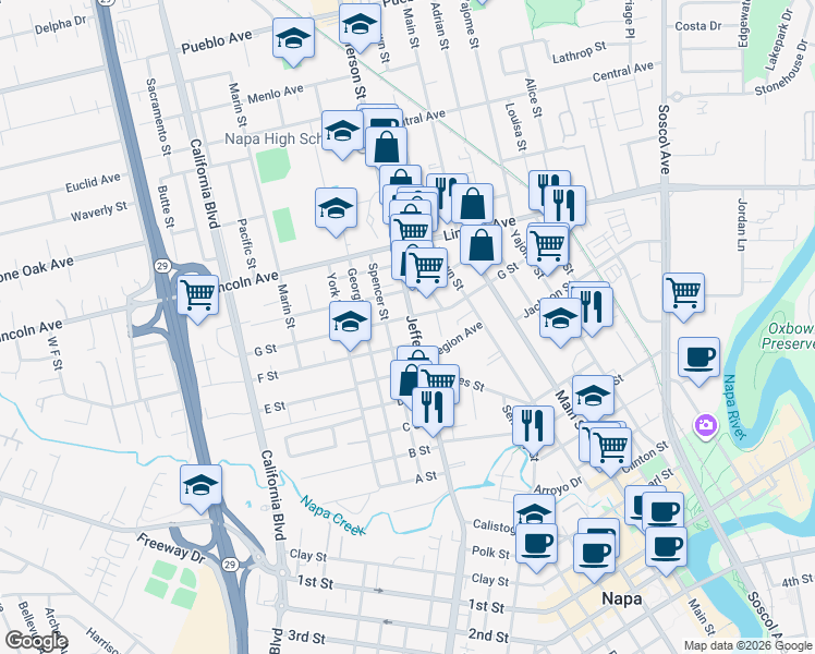 map of restaurants, bars, coffee shops, grocery stores, and more near 2033 Jefferson Street in Napa