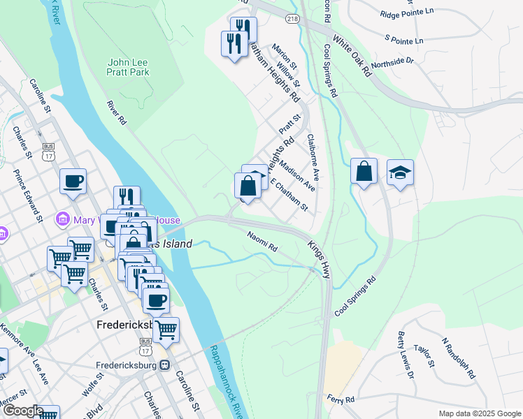 map of restaurants, bars, coffee shops, grocery stores, and more near 106 Riverview Drive in Fredericksburg