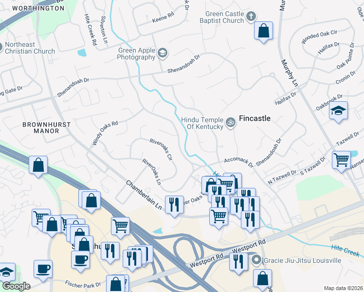 map of restaurants, bars, coffee shops, grocery stores, and more near 4317 Accomack Drive in Louisville