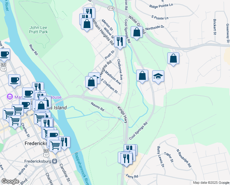 map of restaurants, bars, coffee shops, grocery stores, and more near 302 East Chatham Street in Fredericksburg