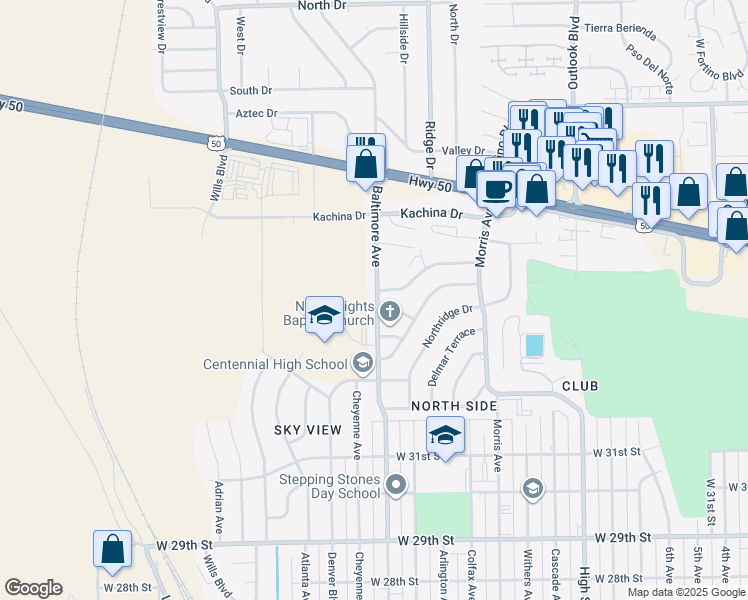 map of restaurants, bars, coffee shops, grocery stores, and more near 3417 Baltimore Avenue in Pueblo