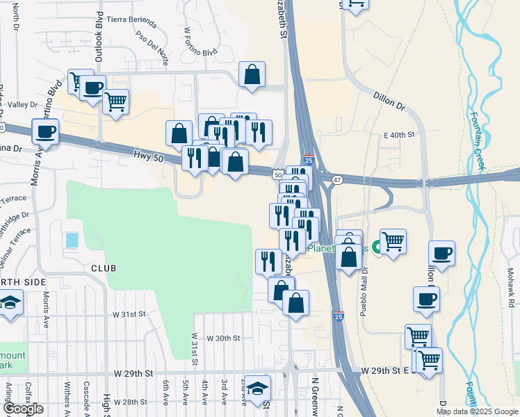 map of restaurants, bars, coffee shops, grocery stores, and more near 3415 North Elizabeth Street in Pueblo