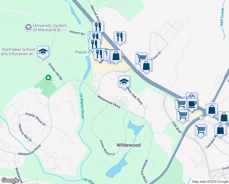 map of restaurants, bars, coffee shops, grocery stores, and more near 23311 Sugar Maple Court in California