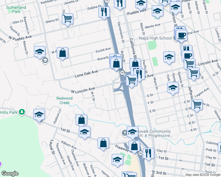 map of restaurants, bars, coffee shops, grocery stores, and more near 2336 England Lane in Napa