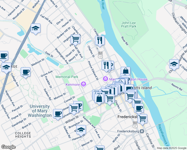 map of restaurants, bars, coffee shops, grocery stores, and more near 1310 Prince Edward Street in Fredericksburg