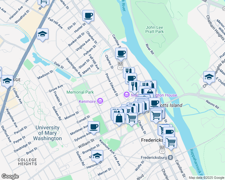 map of restaurants, bars, coffee shops, grocery stores, and more near 1310 Prince Edward Street in Fredericksburg