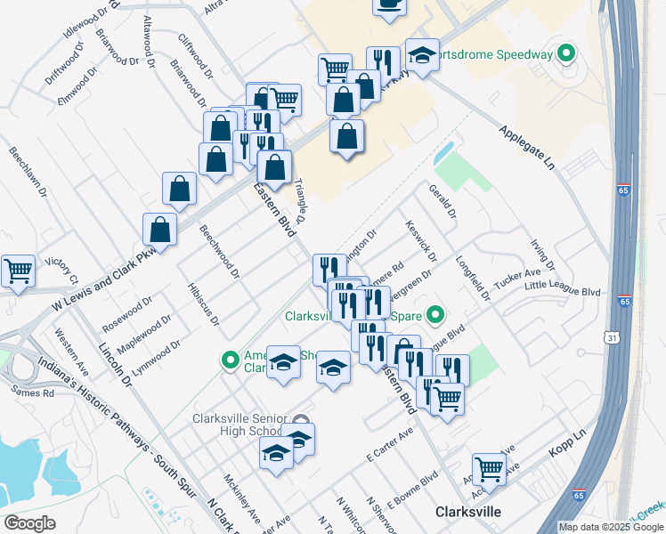 map of restaurants, bars, coffee shops, grocery stores, and more near 1195-1137 Eastern Boulevard in Clarksville