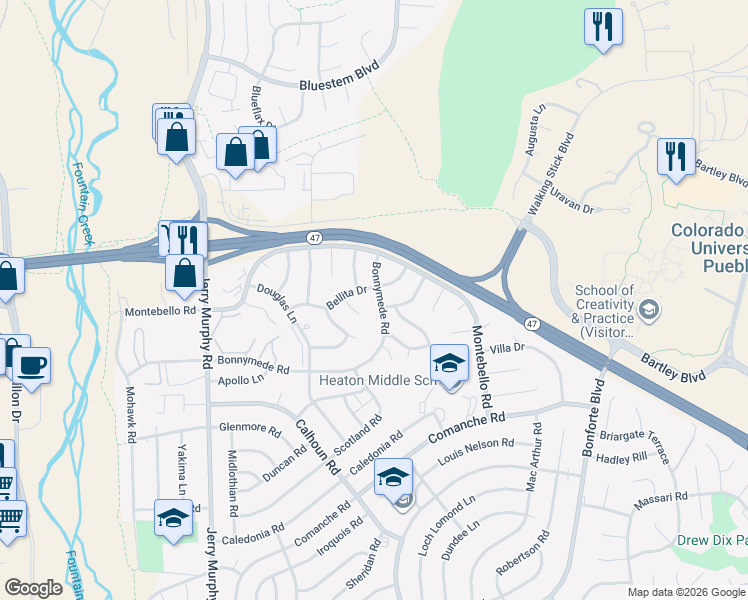 map of restaurants, bars, coffee shops, grocery stores, and more near 1 Oakbridge Drive in Pueblo