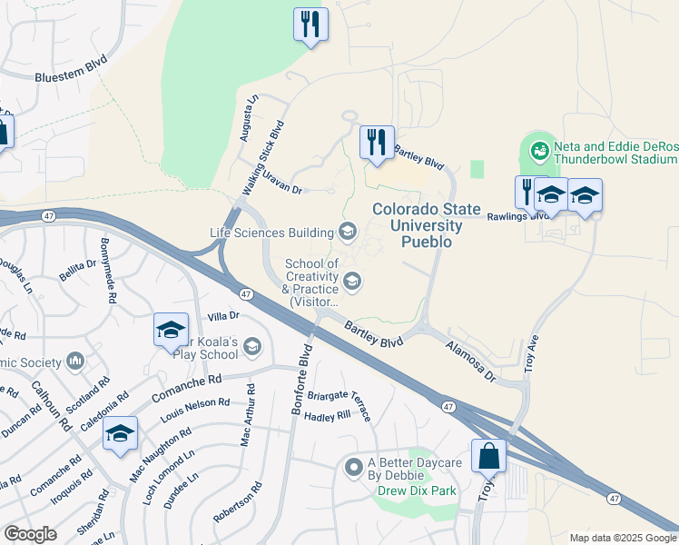 map of restaurants, bars, coffee shops, grocery stores, and more near 2200 Bonforte Boulevard in Pueblo
