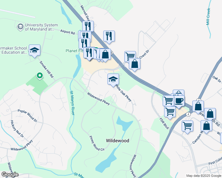 map of restaurants, bars, coffee shops, grocery stores, and more near 44664 Willow Oak Court in California