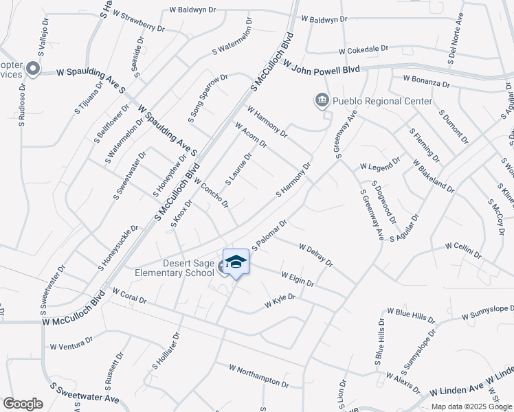 map of restaurants, bars, coffee shops, grocery stores, and more near 871 South Harmony Drive in Pueblo West