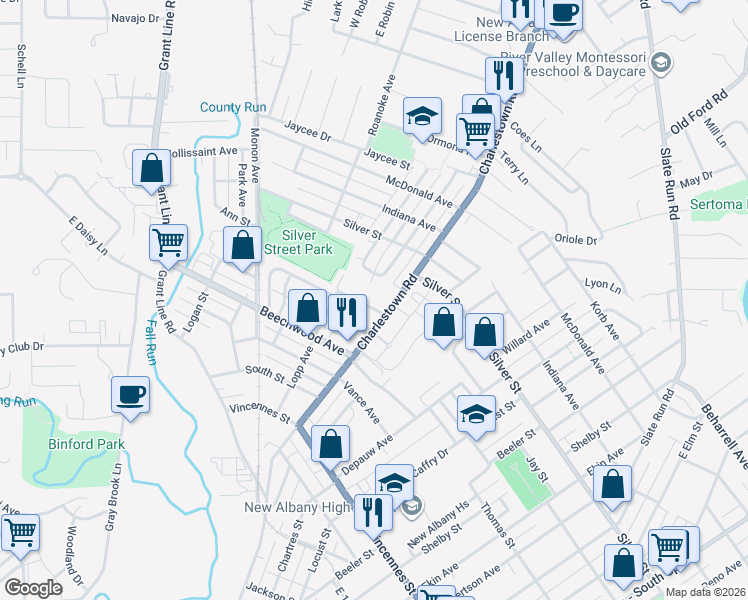 map of restaurants, bars, coffee shops, grocery stores, and more near 2113 Charlestown Road in New Albany