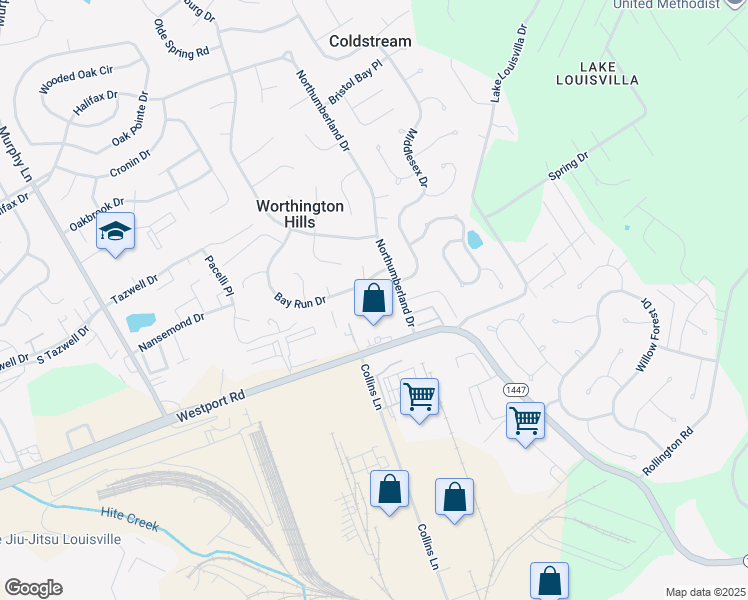 map of restaurants, bars, coffee shops, grocery stores, and more near 4302 Bay Run Court in Louisville