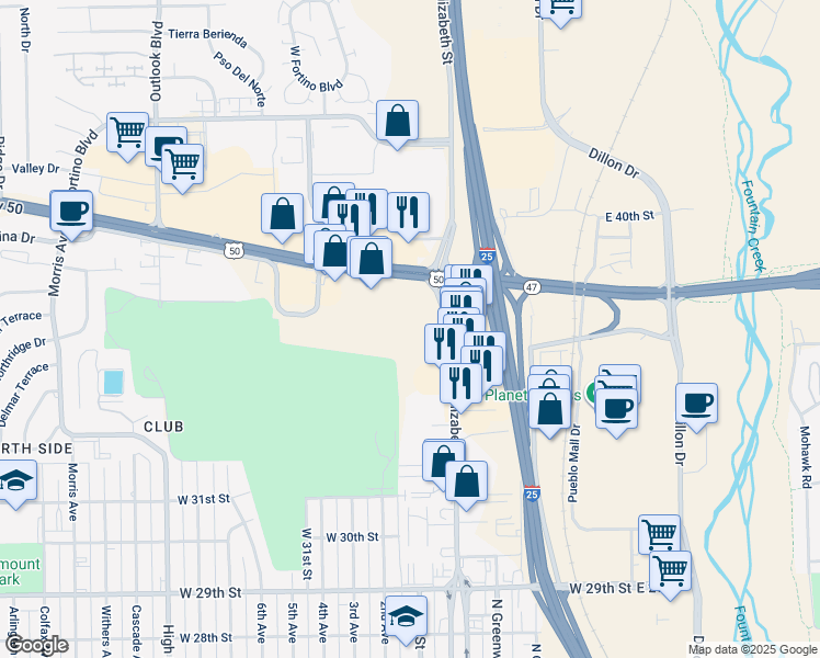 map of restaurants, bars, coffee shops, grocery stores, and more near 3415 North Elizabeth Street in Pueblo