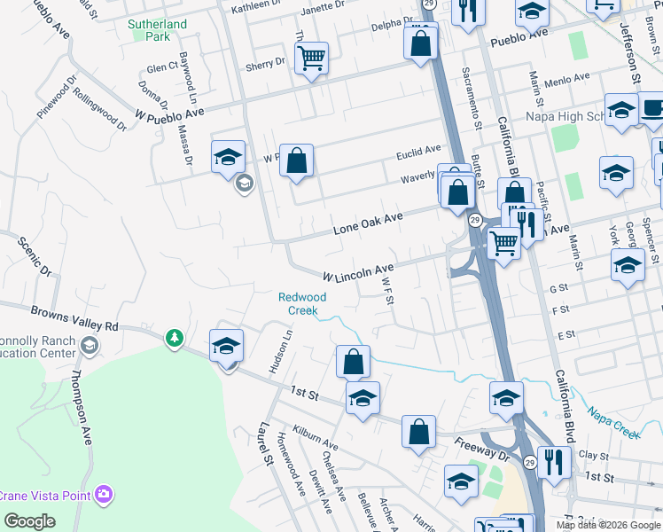 map of restaurants, bars, coffee shops, grocery stores, and more near 2119 West Lincoln Avenue in Napa