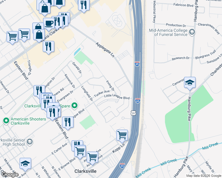 map of restaurants, bars, coffee shops, grocery stores, and more near 626 Tucker Avenue in Clarksville