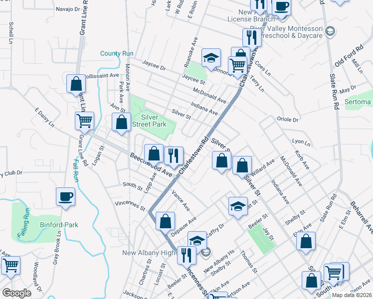map of restaurants, bars, coffee shops, grocery stores, and more near 2113 Charlestown Road in New Albany