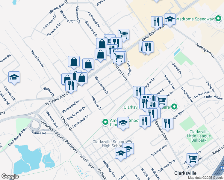 map of restaurants, bars, coffee shops, grocery stores, and more near 105 East Lynnwood Drive in Clarksville