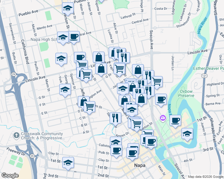 map of restaurants, bars, coffee shops, grocery stores, and more near 983 Jackson Street in Napa
