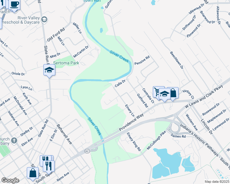 map of restaurants, bars, coffee shops, grocery stores, and more near 1117 Emery Lane in Clarksville