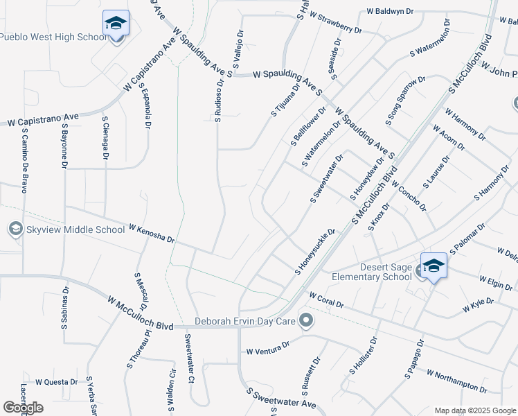 map of restaurants, bars, coffee shops, grocery stores, and more near 895 South Bellflower Drive in Pueblo West