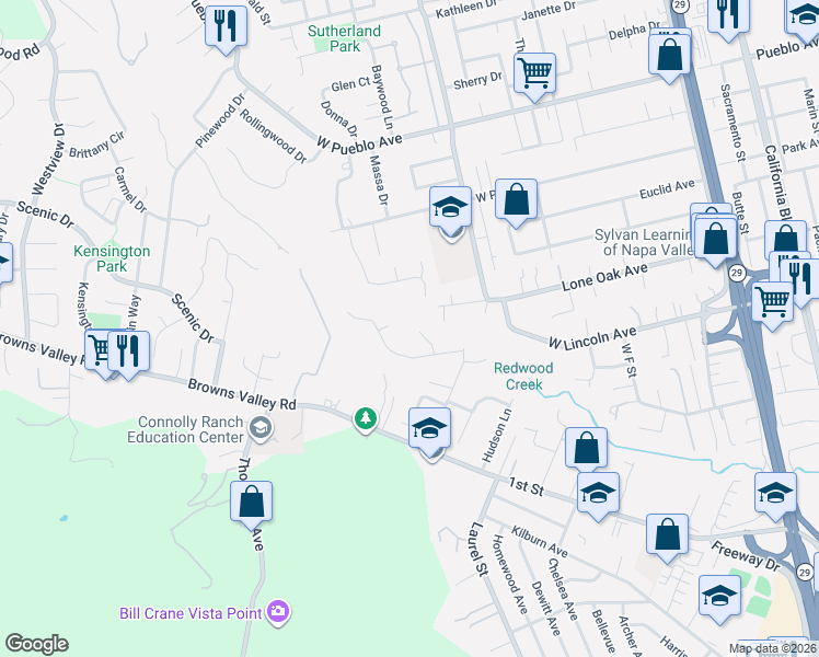 map of restaurants, bars, coffee shops, grocery stores, and more near 3130 Kingston Avenue in Napa
