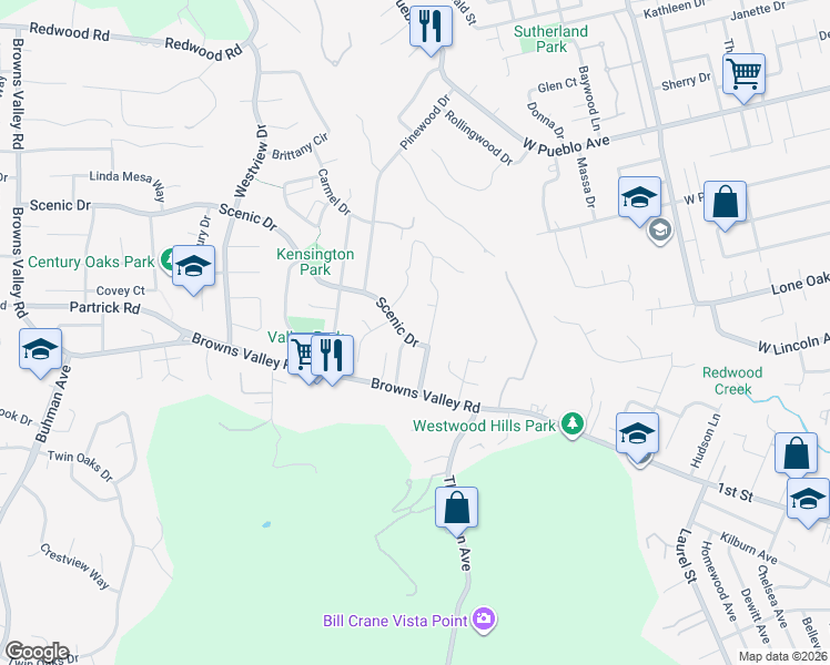 map of restaurants, bars, coffee shops, grocery stores, and more near 1034 Larkin Way in Napa