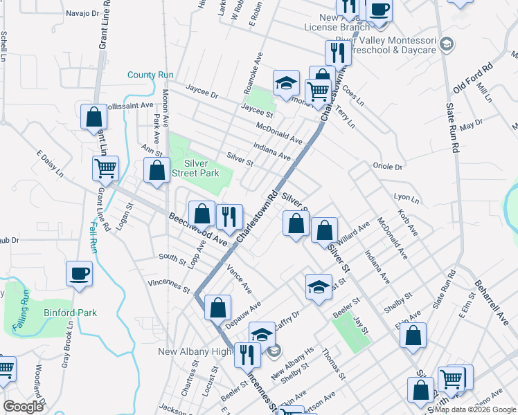 map of restaurants, bars, coffee shops, grocery stores, and more near 2113 Charlestown Road in New Albany