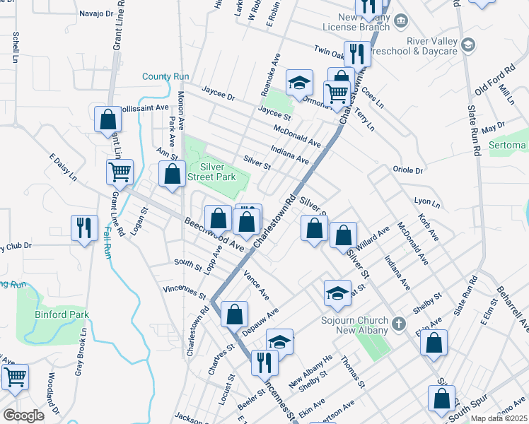 map of restaurants, bars, coffee shops, grocery stores, and more near 2113 Charlestown Road in New Albany