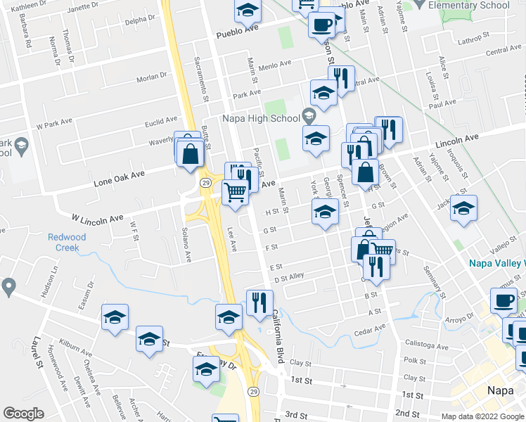 map of restaurants, bars, coffee shops, grocery stores, and more near 2340 California Boulevard in Napa