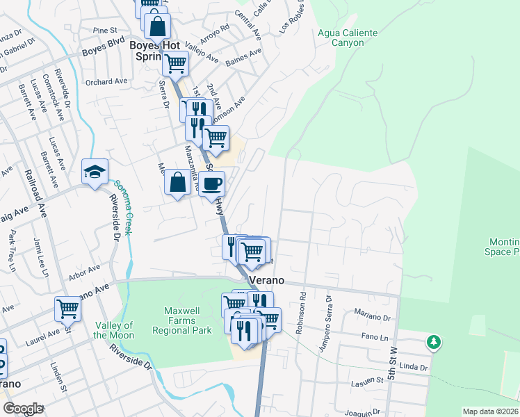 map of restaurants, bars, coffee shops, grocery stores, and more near 18850 Melvin Avenue in Sonoma